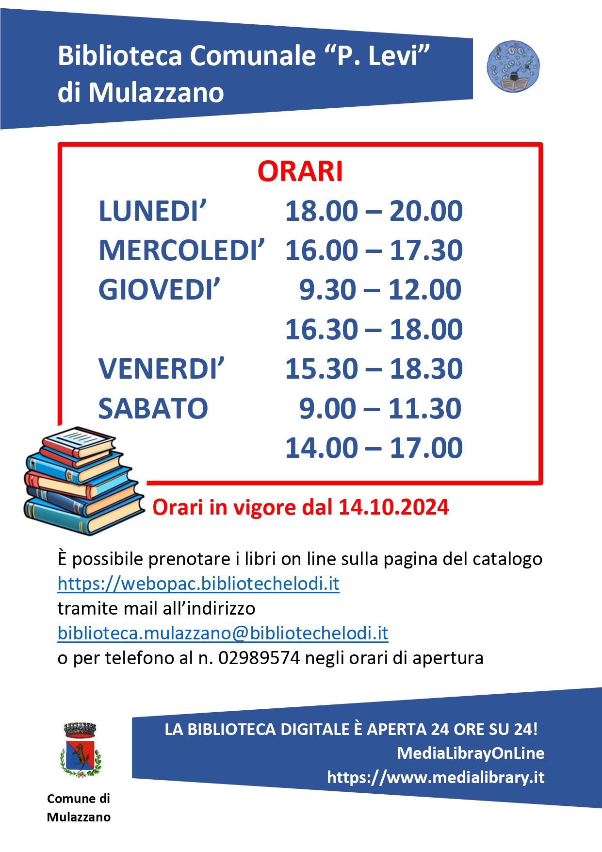 Orari Biblioteca Comunale "Primo Levi" in vigore dal 14.10.2024